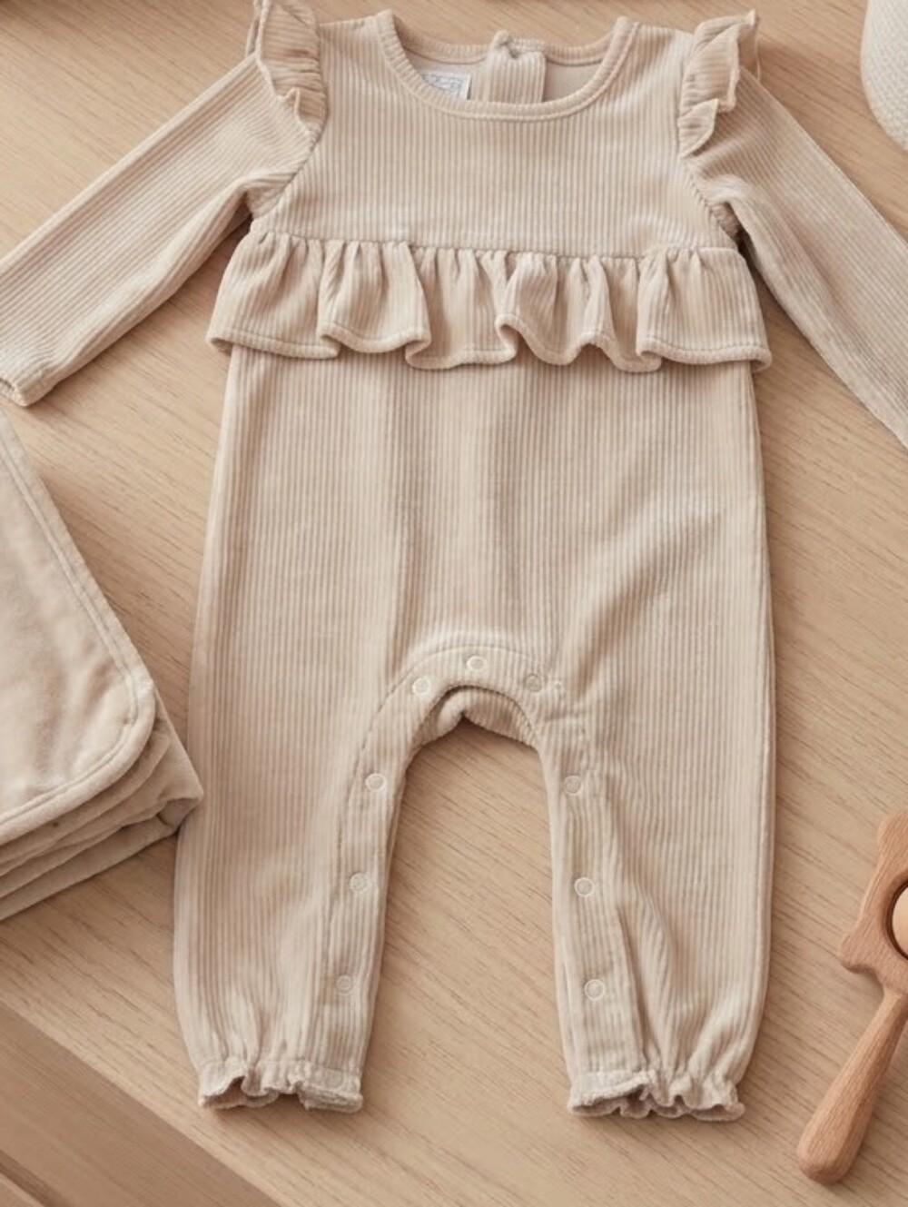Mud Pie Beige Ribbed Ruffle One-Piece
